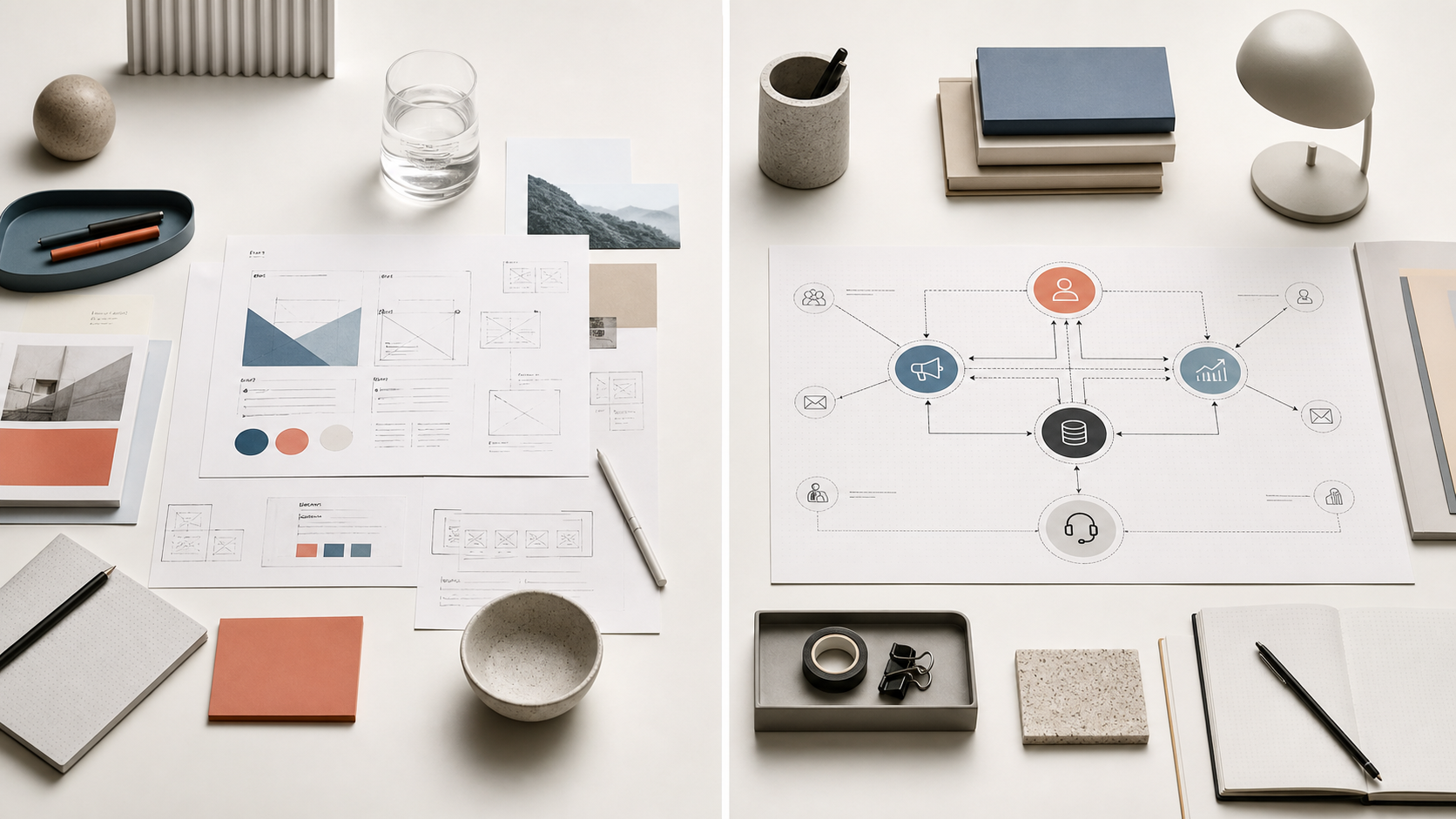 Two worktables comparing marketing campaign planning with a connected revenue system map for a Fractional CMO versus Fractional Head of Growth decision.