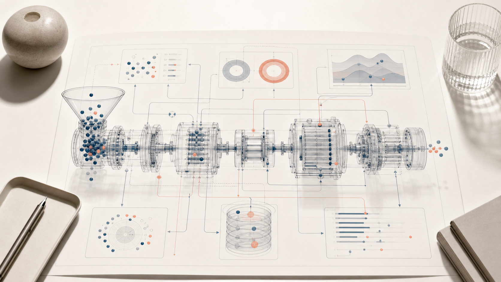 X-ray style diagnostic of a startup revenue system showing acquisition, conversion, CRM data, sales handoffs, retention, and reporting as connected machine parts.