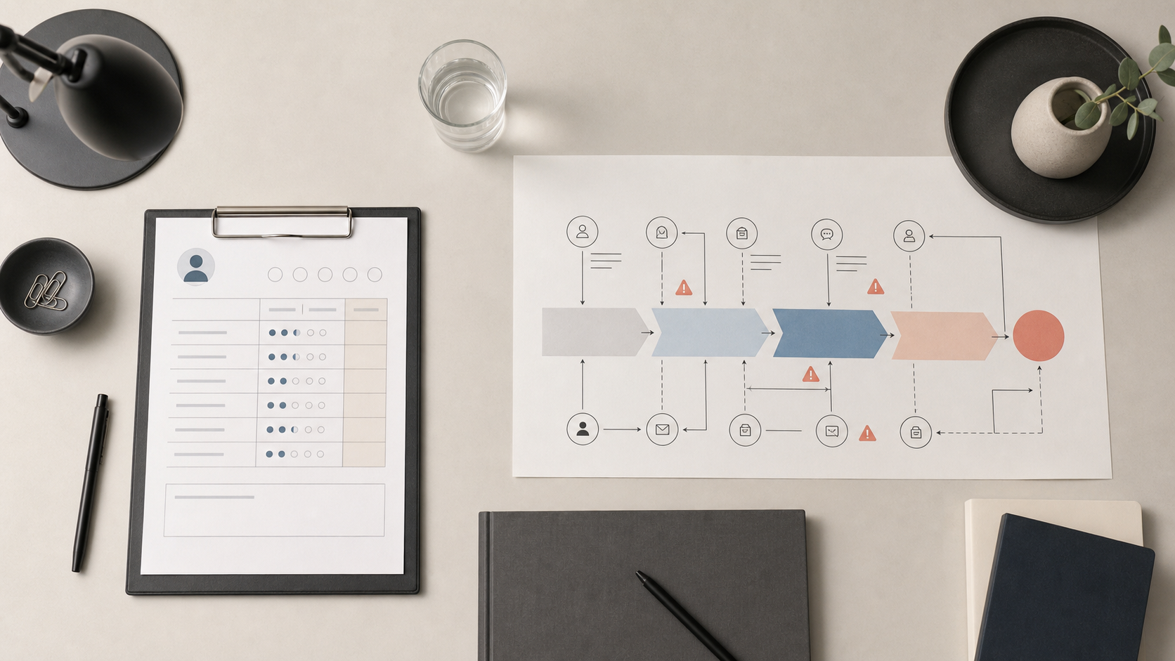 Founder hiring scorecard beside a revenue pipeline diagram with warning markers showing when to hire a Head of Growth versus fixing the system first.
